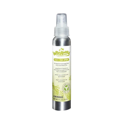 Front view of a silver packaged Wee Away Flea + Tick Spray bottle with lemongrass scent, 4 oz size.