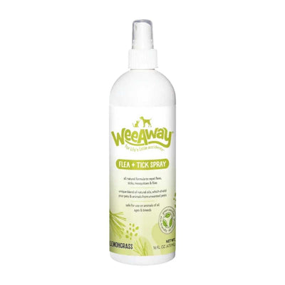 Front view of a white Wee Away Flea + Tick Spray bottle with green label, 16 oz, lemongrass scent.