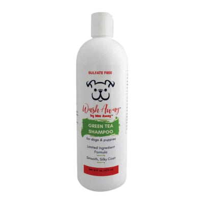 Front view of a white bottle with red and green labels for Wee Away Green Tea Shampoo for dogs and puppies.