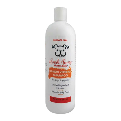 Front view of a white bottle with red and orange labels for Wash Away by Wee Away Lemon Verbena Shampoo for dogs and puppies.