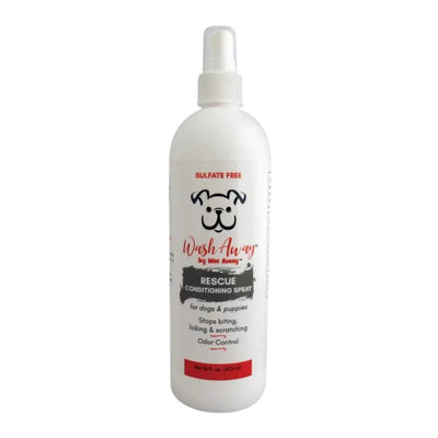 Front view of a white bottle with a spray cap labeled 'Wash Away by Wee Away Rescue Conditioning Spray for dogs & puppies'
