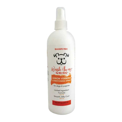 Front view of a white bottle with a spray cap labeled 'Wash Away by Wee Away Lemon Verbena Conditioning Spray for dogs & puppies'