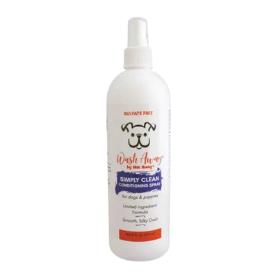 Front view of a white bottle with a spray cap labeled 'Wash Away by Wee Away Simply Clean Conditioning Spray for dogs & puppies'