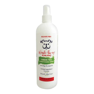 Front view of a white bottle with a spray cap labeled 'Wash Away by Wee Away Green Tea Conditioning Spray for dogs & puppies'