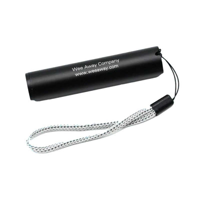Black cylindrical Wee Away Company Wee Finder Rechargeable UV Light with attached braided lanyard.