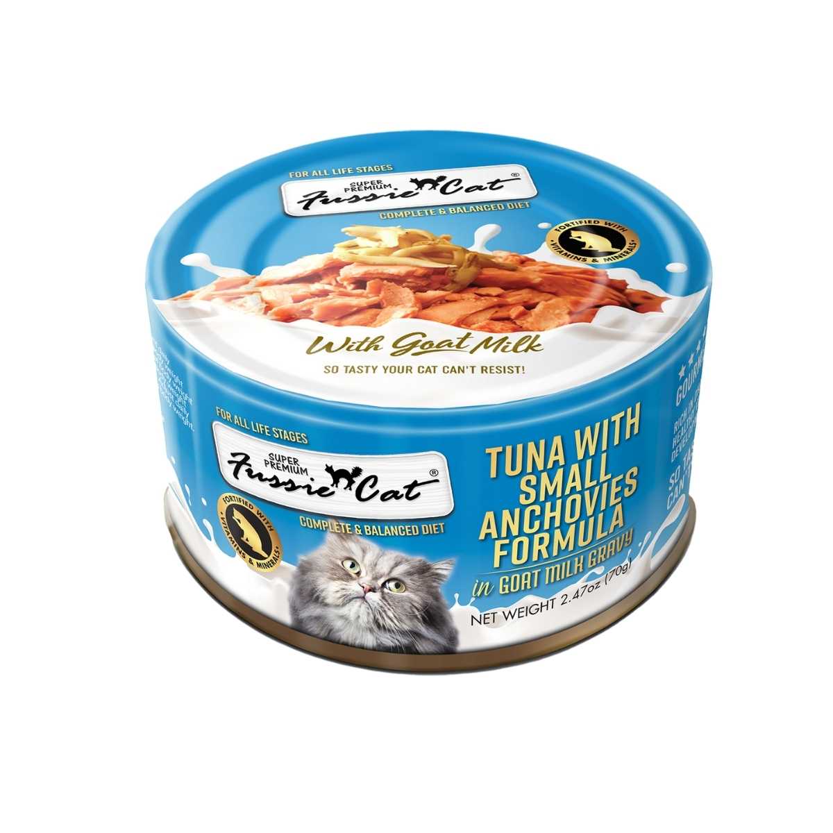 Fussie Cat Super Premium Tuna w/Small Anchovies in Goat Milk Gravy-24/2.47 oz Cans