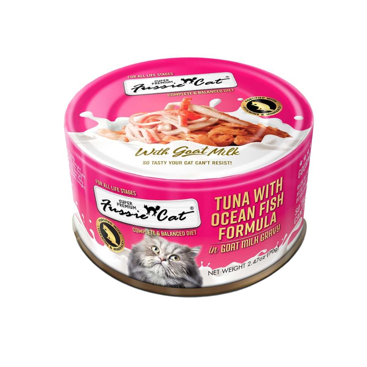 Fussie Cat Super Premium Tuna w/Oceanfish in Goat Milk Gravy-24/2.47 oz Cans