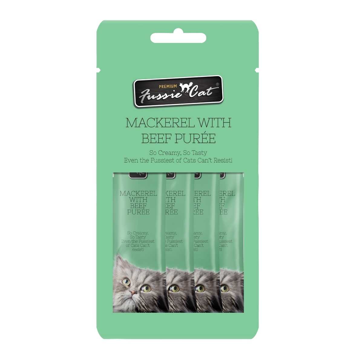 Fussie Cat Mackerel/Beef Puree-4 pk/.05 oz tubes