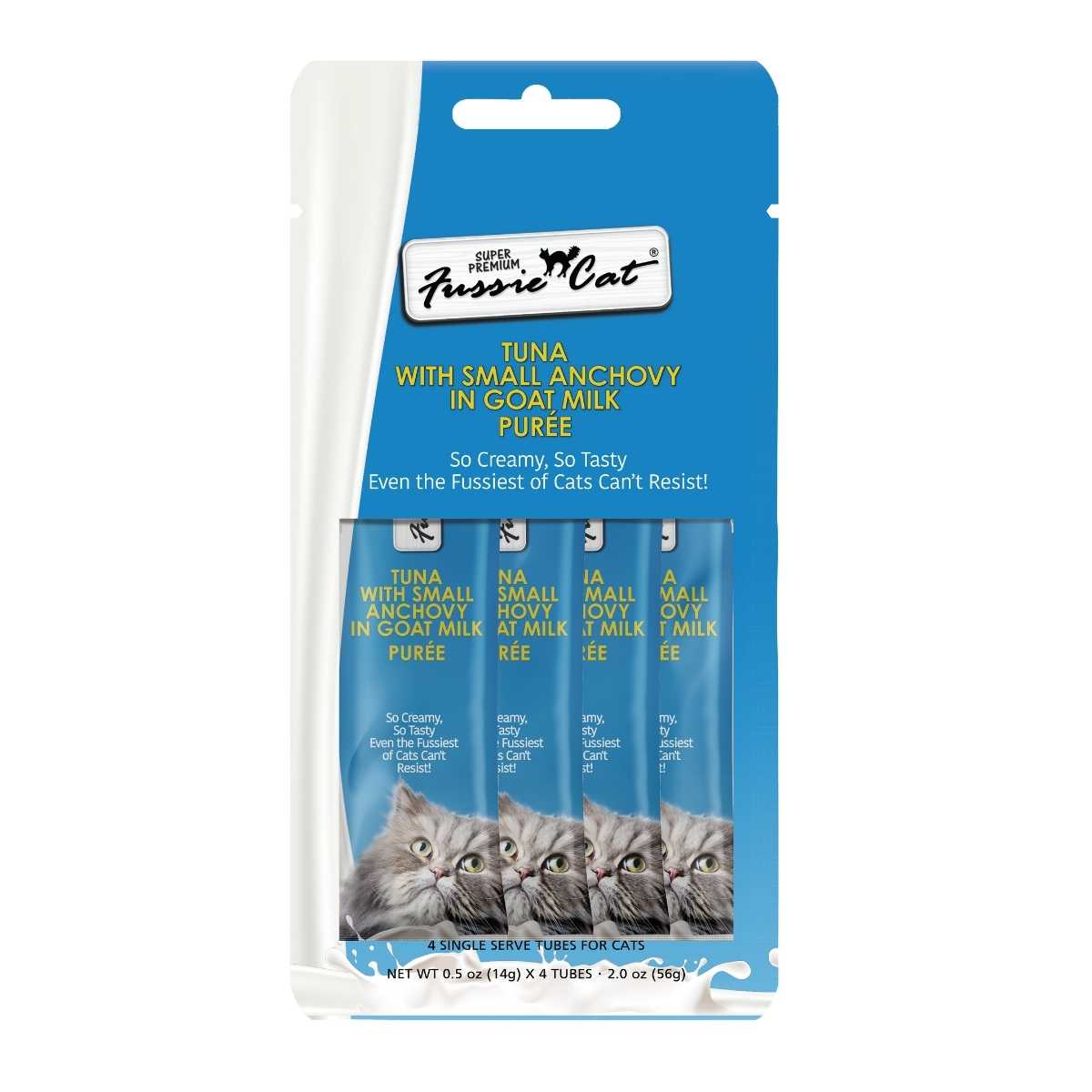 Fussie Cat Tuna w/Small Anchovies In Goat Milk Puree-4 pk/.05 oz tubes