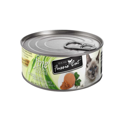 Front view of a Fussie Cat Fine Dining Mousse can with chicken and pumpkin entrée in gravy, 70g.