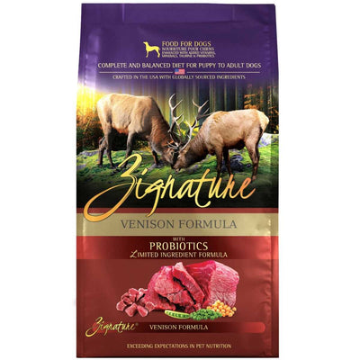 Front view of a Zignature Venison Formula dog food bag with deer imagery and meat ingredients.
