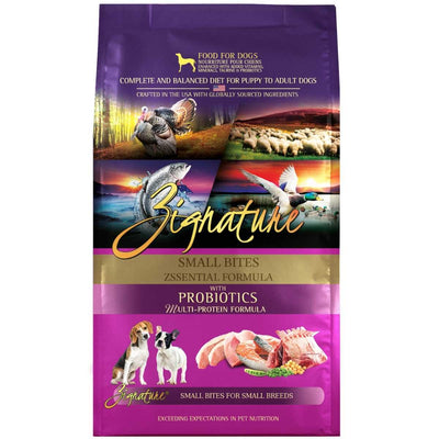 Front view of a purple Zignature dog food bag labeled 'Small Bites Zssential Formula with Probiotics'