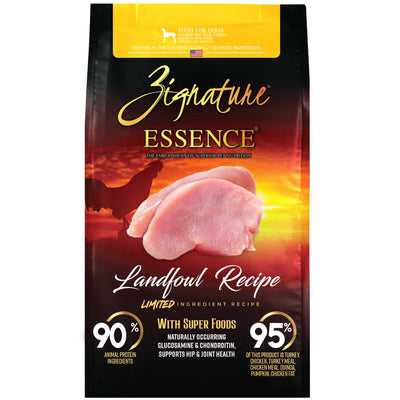 Front view of a Zignature Essence dog food bag with Landfowl Recipe, showing a turkey breast image and ingredient percentages.