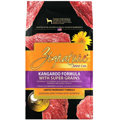 Front view of Zignature Select Cuts Kangaroo Formula with Super Grains dog food package.