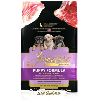 Front view of a Zignature Select Cuts Puppy Formula bag with three puppies and meat images.