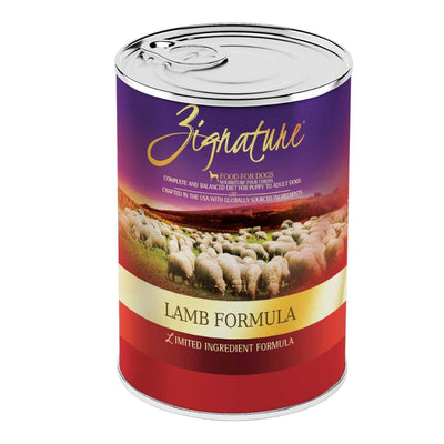 Front view of a Zignature Lamb Formula dog food can with purple, red, and gold label and sheep image