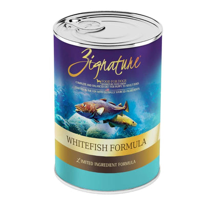 Front view of a Zignature Whitefish Formula dog food can with purple, blue, and gold labeling.