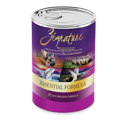 Front view of a purple can of Zignature Zssential Formula multi-protein dog food.