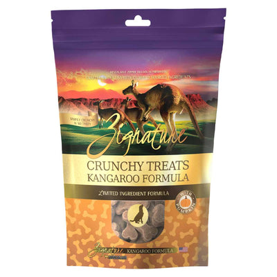 Front view of a packaged Zignature dog treat bag with kangaroo formula and pumpkin label.