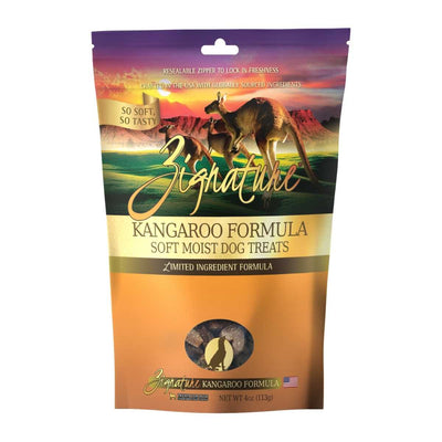 Front view of a packaged Zignature Kangaroo Formula soft moist dog treats bag with a resealable zipper.