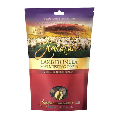 Front view of a Zignature Lamb Formula soft moist dog treats package in red and gold with a sheep field image.