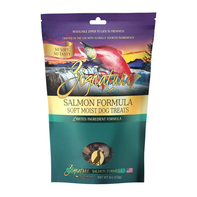 Front view of a Zignature Salmon Formula soft moist dog treats package with a resealable zipper, 4 oz size.