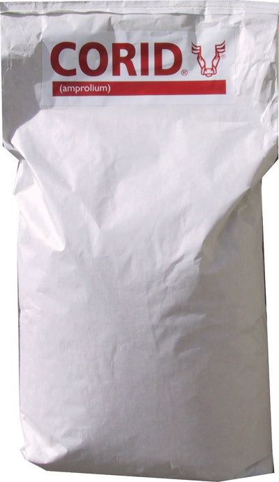 Front view of a white packaged product labeled CORID (ampromium) with a red logo.