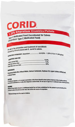 Front view of a white packaged product labeled CORID 1.25% Ampromium Crumbles/Pellets for calves.