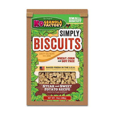 Front view of K9 Granola Factory Simply Biscuits package with steak and sweet potato flavor, small biscuit size, brown and green packaging.