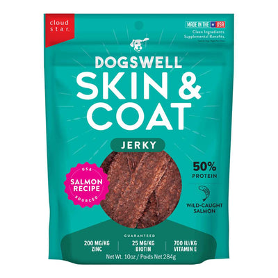 Front view of a teal packaged product labeled Dogswell Skin & Coat Jerky with salmon recipe and 10 oz net weight.