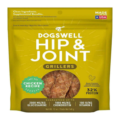 Front view of a yellow packaged product labeled Dogswell Hip & Joint Grillers with chicken recipe and 12 oz size.