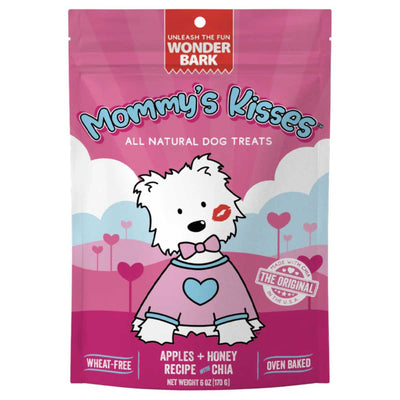 Front view of a pink packaged product labeled Wonder Bark Mommy's Kisses dog treats with a cartoon dog.