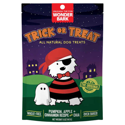 Front view of Wonder Bark Trick or Treat all natural dog treats package with Halloween-themed illustration.