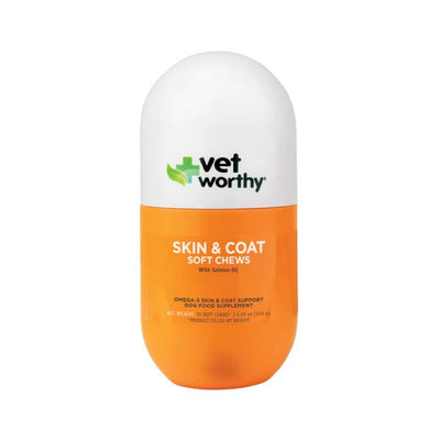 Front view of a Vetworthy Skin & Coat Soft Chews bottle with orange and white packaging.