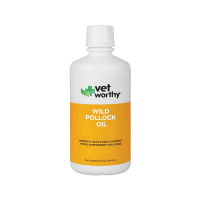 Front view of a white bottle with an orange label reading 'Vetworthy Wild Pollock Oil 32 oz'
