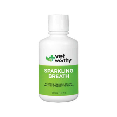 Front view of a white bottle with green label for Vetworthy Sparkling Breath dog supplement, 16 fl oz