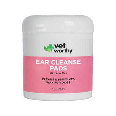 Front view of a white and pink packaged product labeled Vetworthy Ear Cleanse Pads with Aloe Vera, 100 pads.