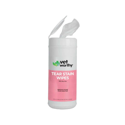 A white container of Vetworthy Tear Stain Wipes with a pink label, open top showing a wipe inside.