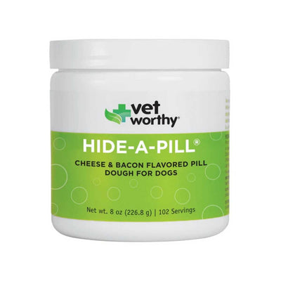Front view of a white jar with green label for Vetworthy Hide-A-Pill cheese and bacon flavored pill dough for dogs, 8 oz