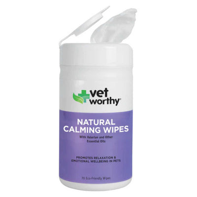 A white and purple packaged product with a flip-top lid showing a single wipe, labeled 'Vetworthy Natural Calming Wipes'