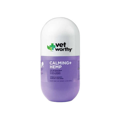 Front view of a purple and white packaged product labeled Vetworthy Calming+ Hemp for dogs.