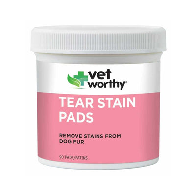 Front view of a white container with a pink label for Vetworthy Tear Stain Pads, 90 pads/patins.