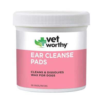 A white container with a pink label for Vetworthy Ear Cleanse Pads, showing 90 pads.