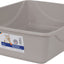 A gray Petmate litter pan with a label showing a cat, front view, packaged product