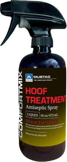A black spray bottle with a dark label reading 'Mustad Comfortmix Hoof Treatment Antiseptic Spray 16 oz/473 mL' front view packaged product
