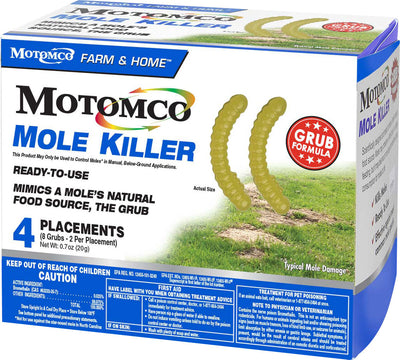 Front view of Motomco Mole Killer Grub Formula packaged product with four grub-shaped bait pieces shown.