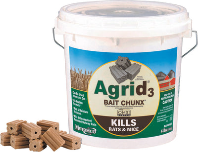 A white pail with a blue label showing 'Agrid 3 Bait Chunx' and brown rodent bait blocks, front view, packaged product