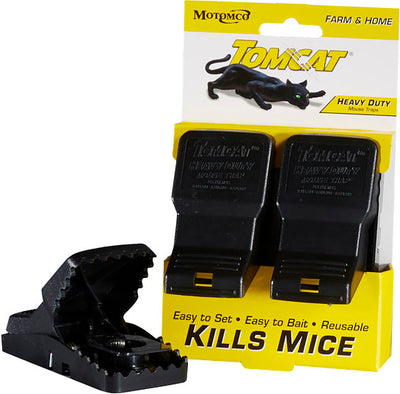 Packaged Tomcat Heavy Duty Mouse Traps, two black traps in yellow packaging with one trap open.