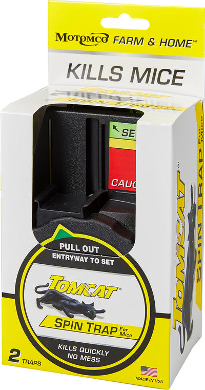Packaged Tomcat Spin Trap for Mice in black, 2 traps, front view with yellow and white box.