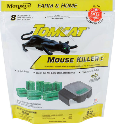 Packaged Tomcat Mouse Killer I refillable bait station with 8 green blocks and a black station.